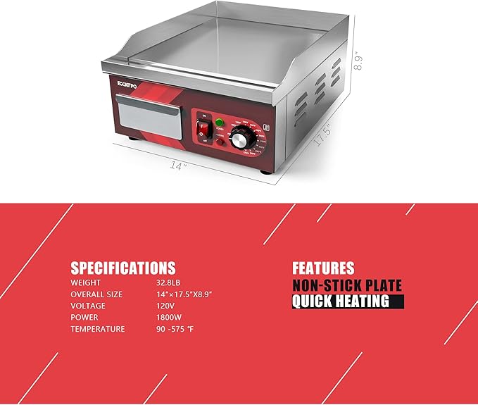 EGGKITPO 14 Inch Electric Griddle, Non-Stick Flat Top Grill Commercial Electric Countertop Griddles Stainless Steel Adjustable Temperature Control 90??575??for Home or Restaurant Use
