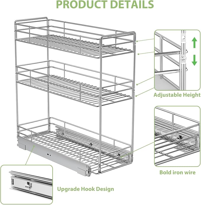 Pull Out Spice Rack Cabinet Organizer 5쩍" W x 20쩍" D, 3 Tier Heavy Duty Sliding Spice Cabinet Organization for Narrow Cabinet, Pull Out Shelves for Kitchen