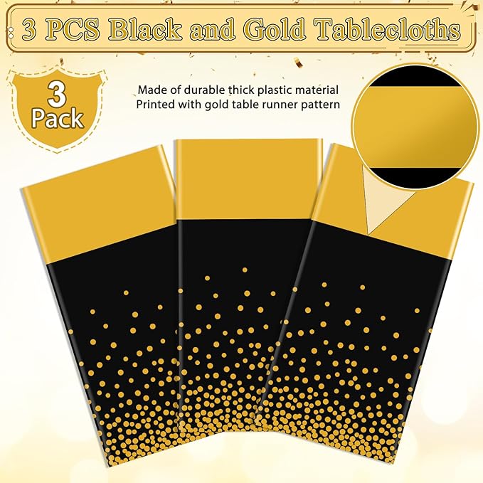 3Pcs Black and Gold Tablecloth Party Decorations,Plastic Black Table Cloth Printed Gold Table Runner Disposable Rectangle Tables Cover for Birthday Retirement Anniversary Graduation Party,54 x108 Inch