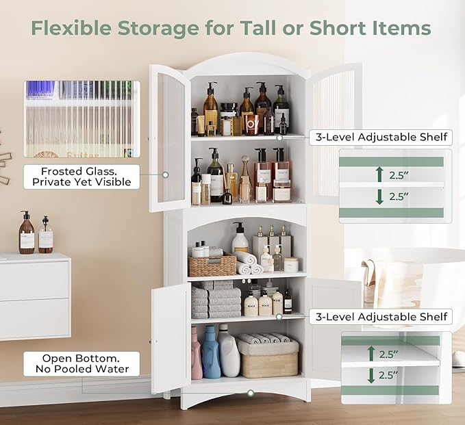 Kitchen Pantry Cabinet, Upgraded All Painted Tall Bathroom Cabinet, Modern White Kitchen Hutch W/Microwave Stand & Fluted Glass Doors, White Wooden Storage Cabinet for Living Dining Room