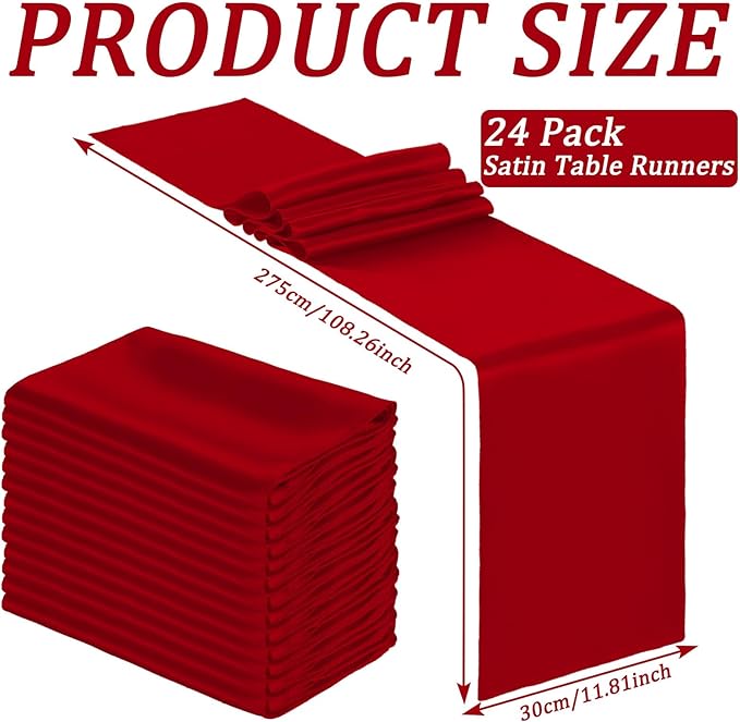Bencailor 12 Pcs Red Satin Table Runner Bulk 12 x 108 Inches Long Table Runners Bright Smooth Fabric Tablecloth for Wedding Banquet Birthday Valentines St Patrick's Day Party Decorations