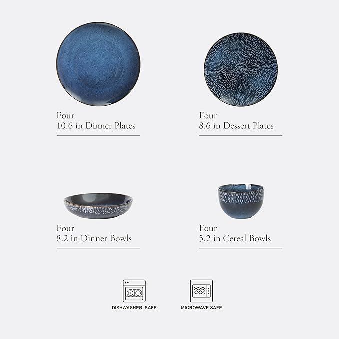 Gibson Elite Matisse 16-Piece Dinnerware Set ??Double Bowl Reactive Glaze Cereamic Stoneware in Blue ??Plates and Bowls Sets for 4, Microwave & Dishwasher Safe, Rustic Modern Design