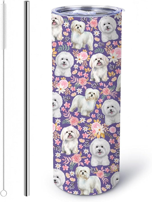 Yogusut Maltese Dog Gifts for Women, 20oz Stainless Steel Insulated Tumbler Travel Mug Cup with Lid Straw Brush, Gifts for Dog Mom Dog Lover