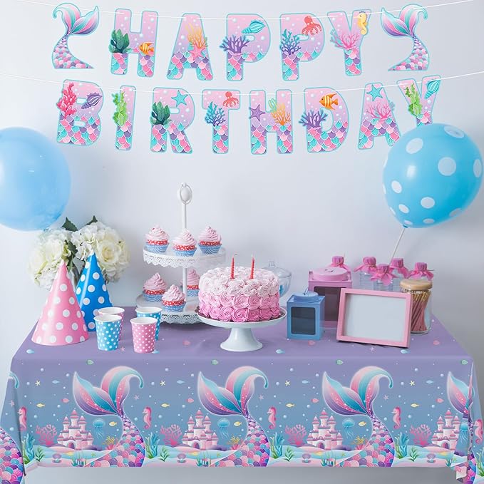 Gatherfun Mermaid Party Supplies Set: 2-Pack Rectangular Plastic Tablecloths, 54 x 108 Inches, Purple (Gradient) Mermaid Pattern, Kids & Girls 1st Birthday Decorations