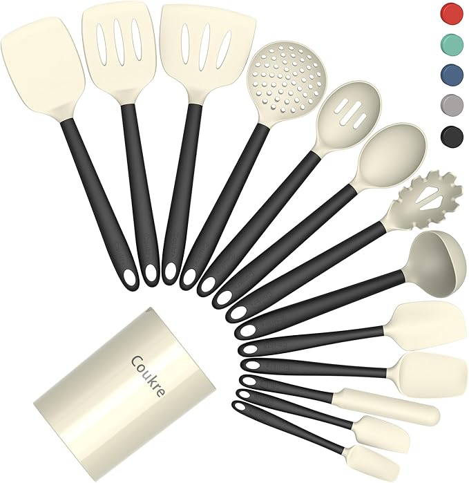 Coukre Silicone Kitchen Cooking Utensils Set with Holder ??Heat-Resistant, Food-Grade Kitchen Tools, Spatula, Spoon & Gadgets for Non-Stick Pans, Dishwasher Safe (14, Beige)
