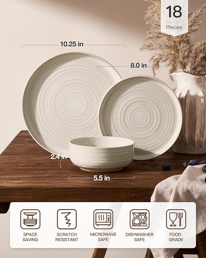 Plates and Bowls Sets for 6, Famiware Premium 18-Piece Stoneware Dinnerware Set - Reactive Glaze with Speckles & Spirals, Chip & Scratch Resistant, Dishwasher Safe, Dish Set with Gift Box, Shell Beige