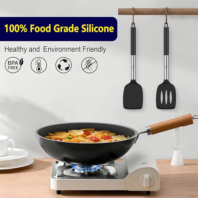 HOTEC Silicone Spatula Set of 2 Heat-Resistant 600째F & BPA-Free Kitchen SaptulaTurner with Stainless Steel Handles, Slotted & Solid Spatulas for Nonstick Cookware, 13.7 Inch, Black