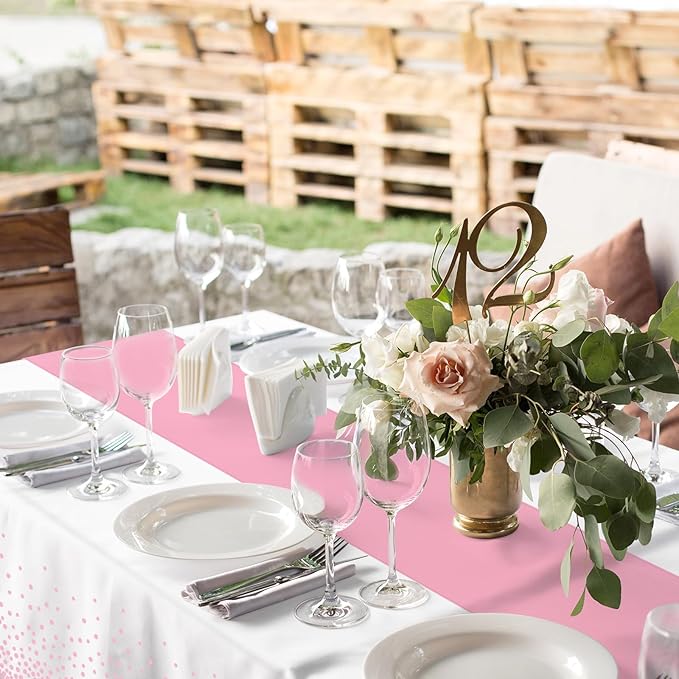 16Pack Disposable Plastic Tablecloths and Satin Table Runner Set White and Pink Dot Table Cloth Gold for Graduation Wedding Engagement Birthday Baby Shower Anniversary Holiday Party Decorations