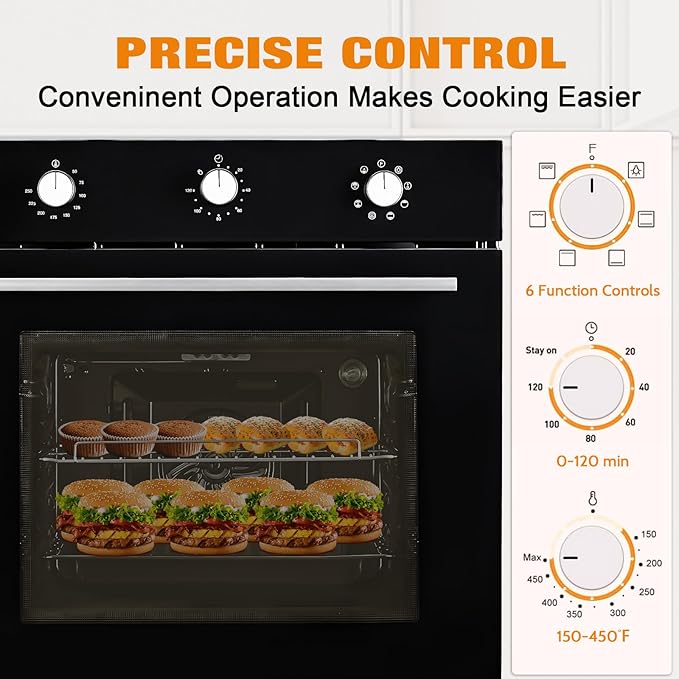 24 Inch Built-In Electric Wall Oven, 2.5 Cu.Ft Single Convection Oven with 8 Cooking Functions, 3000W High-Power Heating, Mechanical Knob Controls, Modern Black Finish