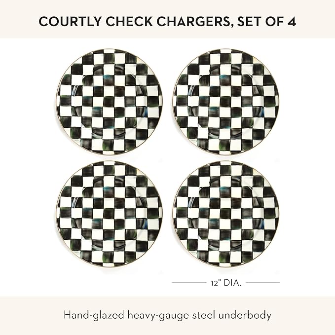 MACKENZIE-CHILDS Enamel Charger Plate, Charger Decoration for Dinner Plates or Home Decor, 12 Inches, Black-and-White Courtly Check, Set of 4