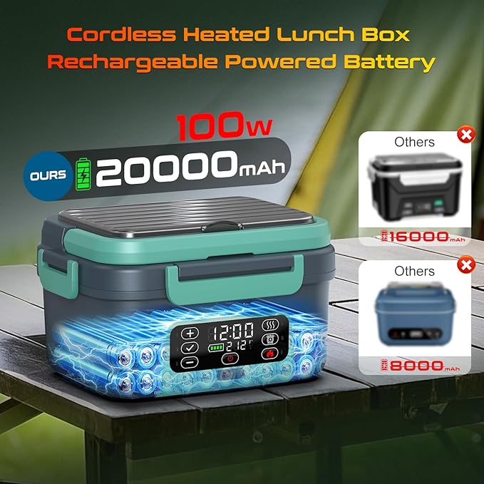 Cordless Electric Heated Lunch Box, XL 6.3Cups 20000mAh Rechargeable Food Warmer Lunch Box with Self Heating, Smart Timer, Adjustable Temperature, Leakproof, BPA Free, Removable Tray Divider