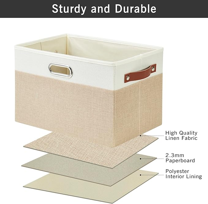 Bagnizer Large Collapsible Fabric Storage Bins with 3 Handles, Foldable Organizer Baskets for Closet, Shelves, Living Room | 3 Pack, Durable PU & Metal Handles (14.9"x9.8"x9.8", Beige & White)
