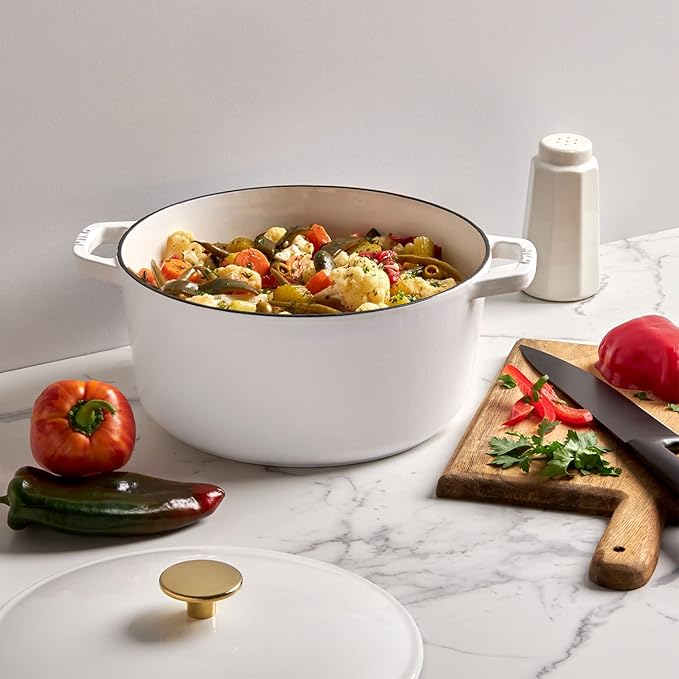 Milo by Kana 5.5-quart Enameled Cast Iron Dutch Oven with Lid | Premium Casserole Cooking Pot | Enamel Coating Inside and Out | Oven Safe and Dishwasher Friendly (White with Gold Knob)