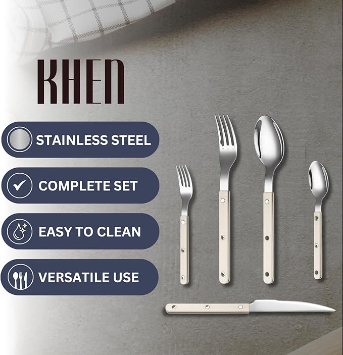 Khen Cutlery Set of 20, 18/8 Stainless Steel Flatware, Modern Silverware for Home, Kitchen, Dining & Table Setting for 4 ??Stainless Steel, Dishwasher Safe, Lightweight & Ergonomic Design Gift - Cream