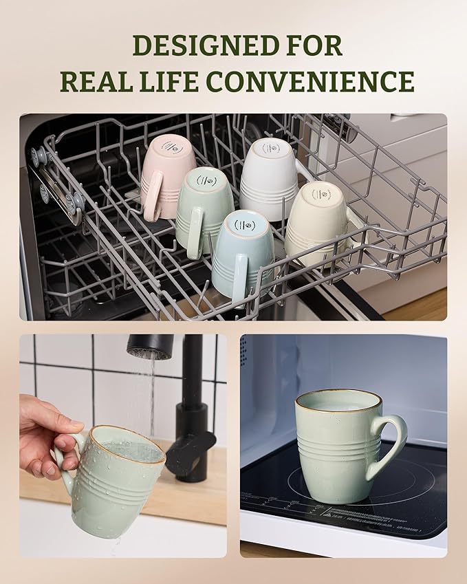 famiware Jupiter Coffee Mugs Set of 6, 14 OZ Coffee Mug, Microwave and Dishwasher Safe, Coffee Cups with Handle for Coffee, Tea, Cocoa, Milk, Light Green