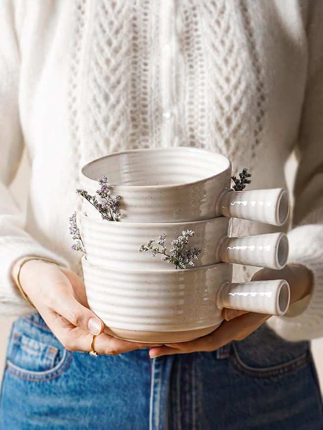 LE TAUCI French Onion Soup Bowls, 18 Ounce Soup Bowls With Handles for Chili, Beef Stew, Onion Soup Crocks Microwave Dishwasher Oven Safe - 5.5 inch, Set of 4, Arctic White