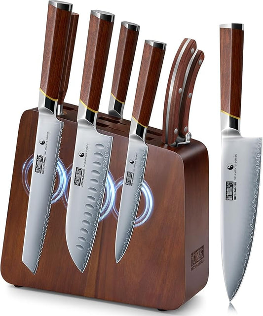 HOSHANHO 8 Pieces Knife Set with Magnetic Block, Ultra-Sharp High-carbon Steel Kitchen Knife Set, Professional Knife Block Set with Ergonomic Wooden Handle & Sharpener