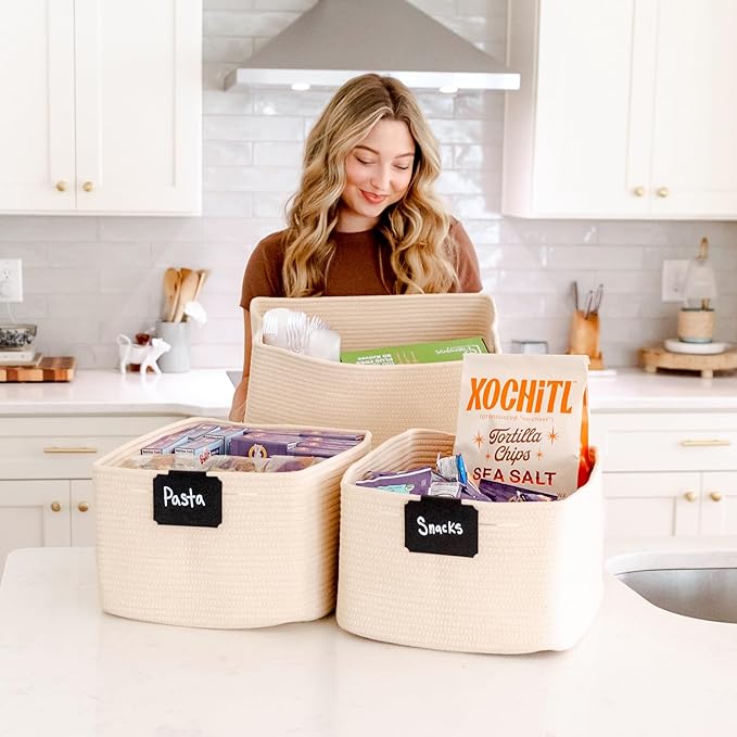 NaturalCozy Storage Baskets 16.8?쓝13?쓝7.6??Cotton Rope Woven Baskets for Organizing 3-Pack | Toy Storage Bins | Basket for Shelves, Laundry, Blanket, Clothes, Closet, Kitchen, Bathroom, Gifts
