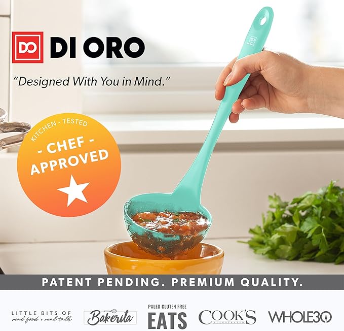 DI ORO Silicone Ladle ??Soup Ladle for Cooking & Serving Heat-Resistant - Large Kitchen Soup Ladle Nonstick Cookware Safe - Soup Serving Spoon with Wide Bowl - Silicone Utensil Dishwasher Safe (Mint)
