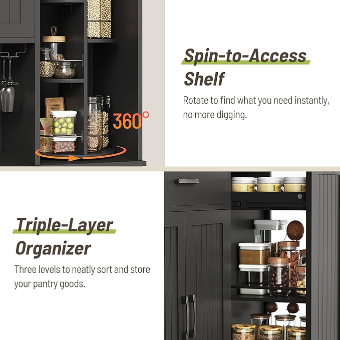 Pantry Cabinet, 67.7" Tall Kitchen Pantry Storage Cabinet with 360째 Rotating Shelf & 2 Pull-Out Racks, Freestanding Kitchen Hutch with Charging Station & Drawer, for Dining Room, Black