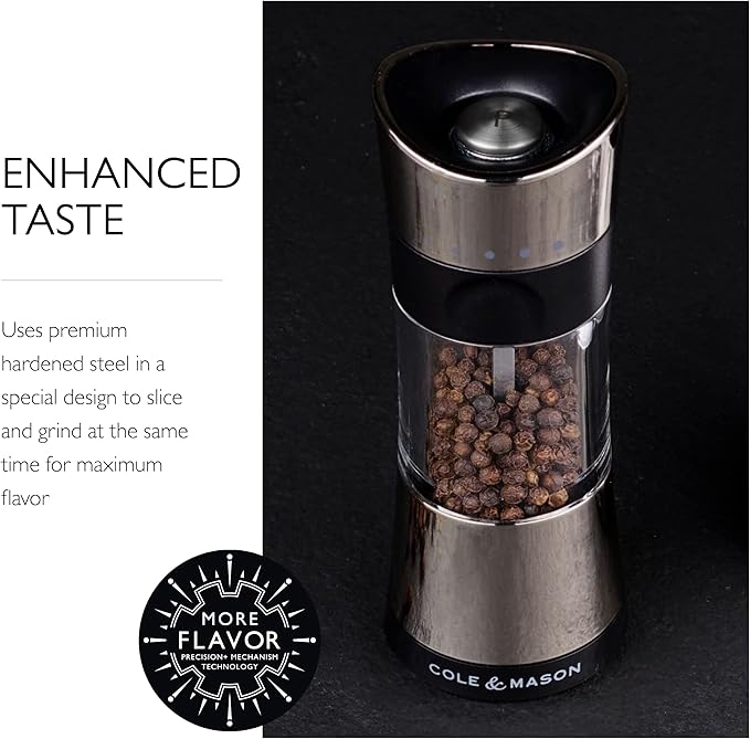 Cole & Mason 6-inch Horsham Salt & Pepper Mill Gift Set - Inverted Salt and Pepper Grinders - Refillable Seasoning and Spice Tools - Adjustable Salt and Peppercorn Grinder Settings - Chrome