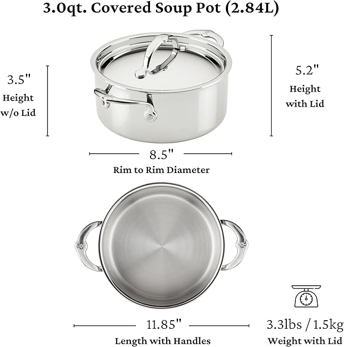 Hestan ProBond Luxe 3-Quart Soup Pot with Lid, Professional Clad Stainless Steel, ProCore Tri-Ply Clad Construction, Polished Exterior, Induction & Oven Safe