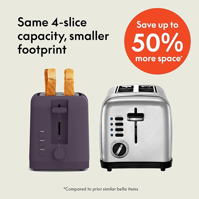 bella 4 Slice Slim Toaster, Fits-anywhere??Kitchenware, 6 Setting Shade Control with Reheat & Cancel Buttons, Fits Sourdough, 10??Long Slot, Anti Jam & Auto Shutoff, 900 Watt, Plum
