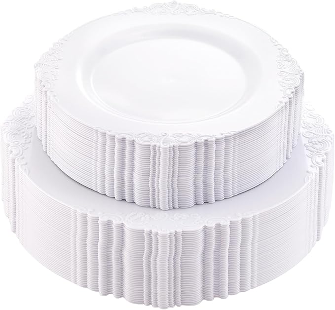 Morejoy 100PCS White Plastic Plates竊똚hite Disposable Plates竊똈nclude 50 Pieces 10.25 Inch Dinner Plates & 50Pieces 7.5 Inch Dessert Plates,Perfect for Weddings & Party