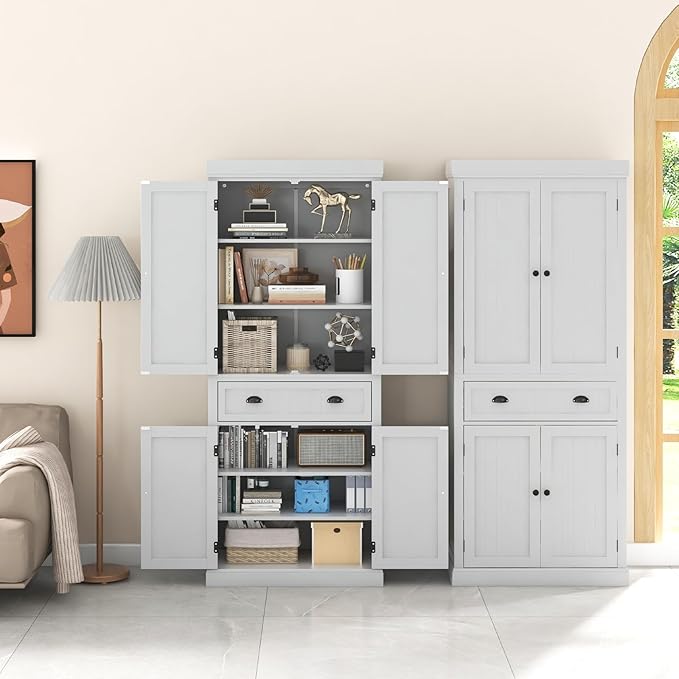 DORTALA 72??Tall Kitchen Pantry Cabinet, Wood Storage Cupboard w/ 4 Adjustable Shelves, 2 Cabinets & Drawer, Utility Freestanding Storage Cabinet for Kitchen, Hallway, Living Room, White