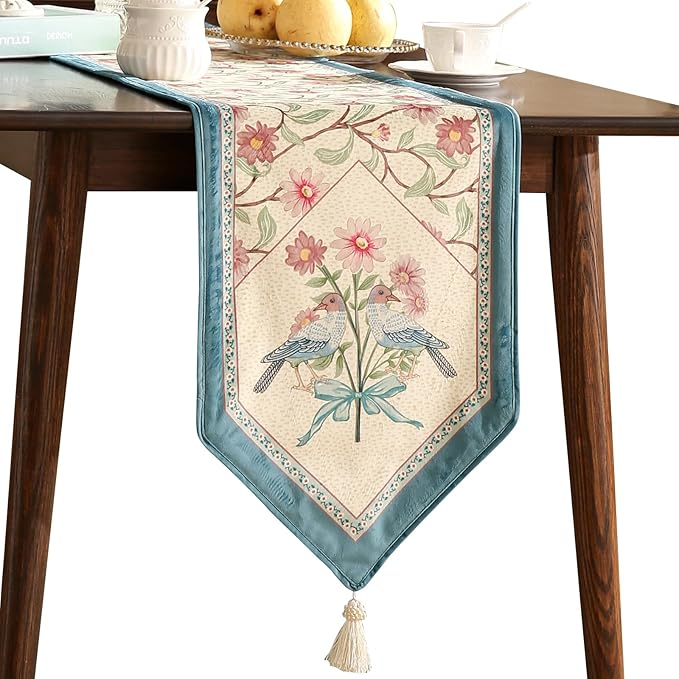 patdrea Designer French Elegant Wild Flowers Velvet Table Runner 71 Inch Long, Beige Pink Floral Pattern Table Mat, Decoration for Kitchen Dining Coffee Table Cabinet Banquet Thanksgiving,12"*71"