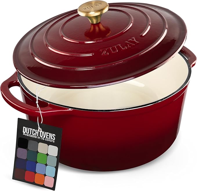 Zulay Kitchen 6 Quart Enameled Cast Iron Dutch Oven Pot with Lid ??Premium Durability & Oven Safe up to 500째F ??Heavy Duty Cookware Perfect for Bread Baking, Stews, Braising & Roasting ??Garnet