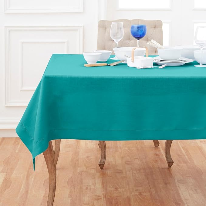 Solino Home Linen Tablecloth 60 x 144 Inch - Classic Hemstitch 100% Pure Linen Teal Table Cloth for Rectangle Tables - Machine Washable Tablecloth