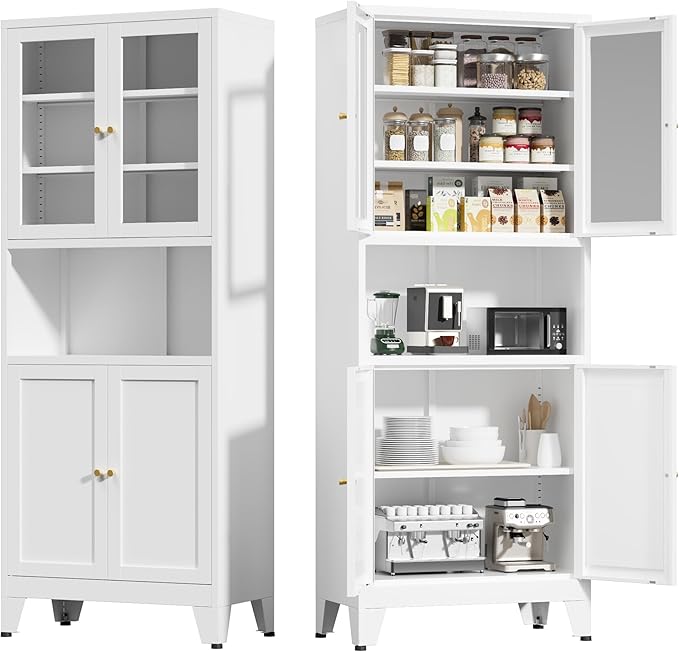 COFaR 69" Tall Modern Kitchen Pantry,Metal Storage Cabinet with Shelves 竊?Glass Doors for Display,Pantry Storage Cabinet,Freestanding Cupboard for Kitchen,Dining Room,Living Room,Bathroom,White