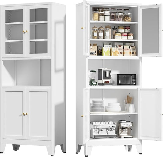 COFaR 69" Tall Modern Kitchen Pantry,Metal Storage Cabinet with Shelves 竊?Glass Doors for Display,Pantry Storage Cabinet,Freestanding Cupboard for Kitchen,Dining Room,Living Room,Bathroom,White