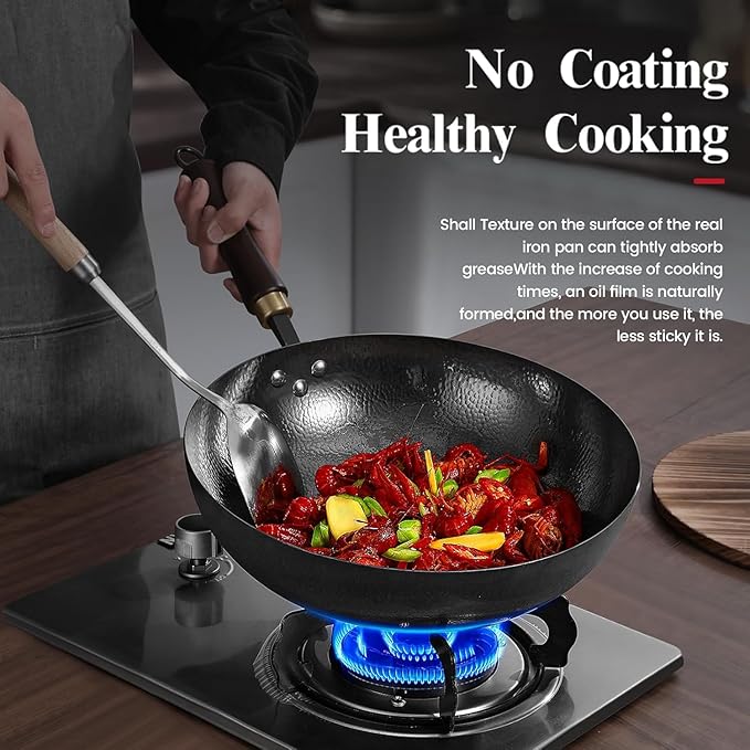 Carbon Steel Wok Pan, 13.5?쿥oks & Stir-Fry Pans with Wooden Lid Cookwares, Nonstick Wok, No Chemical Coated Round Bottom Hand Hammered Chinese Wok For Gas