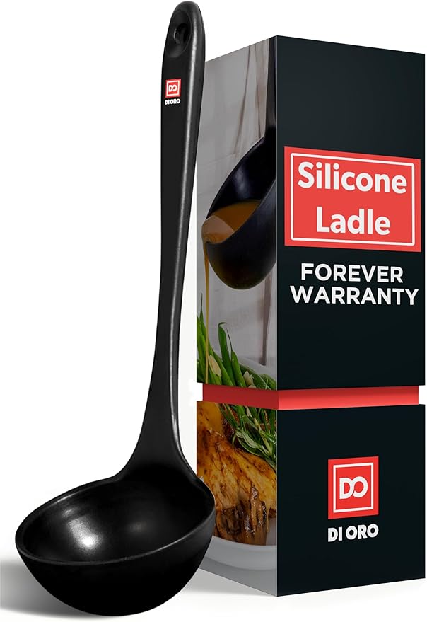 DI ORO Silicone Ladle ??Soup Ladle for Cooking & Serving Heat-Resistant - Large Kitchen Soup Ladle Nonstick Cookware Safe - Soup Serving Spoon with Wide Bowl - Silicone Utensil Dishwasher Safe (Black)