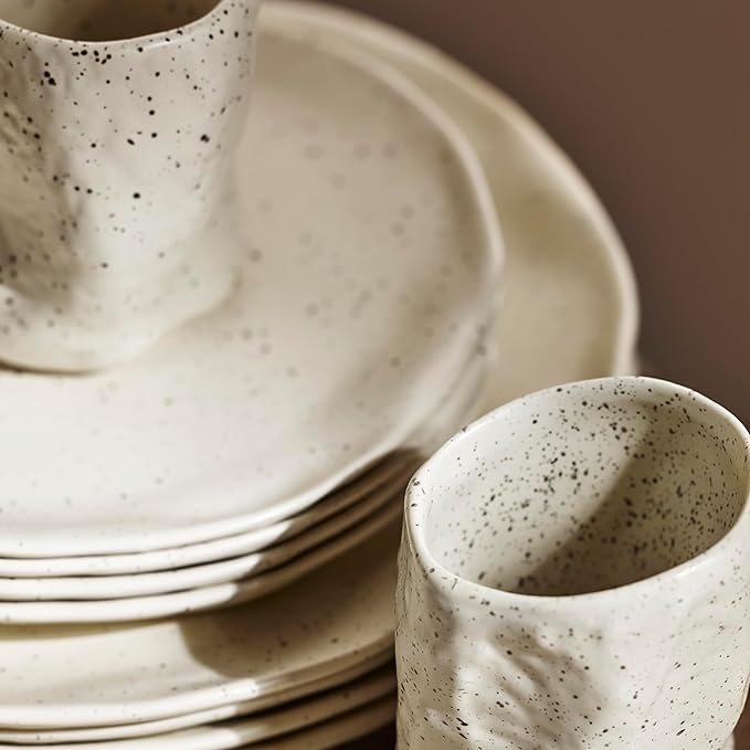 Stone by Mercer Project Atik Modern Stoneware 16-Piece Dinnerware Set, Plate and Bowl Set, Dish set for 4, Cream Speckled