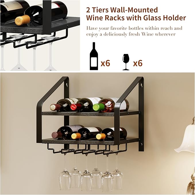 Wall Mounted Wine Rack for 6 Wine Bottles and 6 Glass Holder, 2-Tier Wall Wine Rack, Wood Wine Racks for Wall, Wood-Metal Wine Bottle Holder for Home Bar, Wine Kitchen Storage (Black)