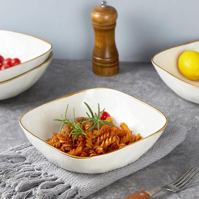 famiware Large Pasta Bowls Set of 4, Ocean Square 8" Bowls, Pasta Serving Bowl Large Dinner Bowls, Kitchen Bowl Set, Microwave and Dishwasher Safe, Scratch Resistant, Vanilla White
