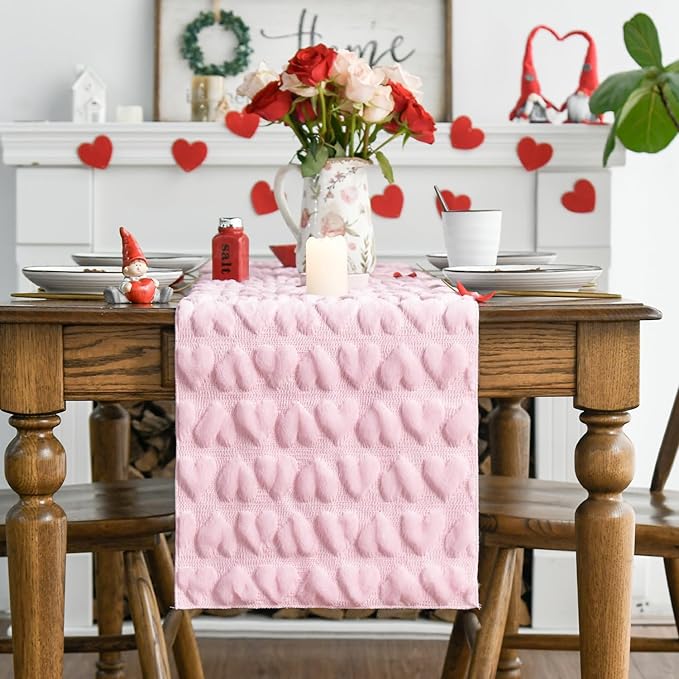 Artoid Mode Pink Soft Plush Faux Fur Jacquard Heart Valentine's Day Table Runner, Seasonal Kitchen Dining Table Decoration for Home Party Decor 13x36 Inch