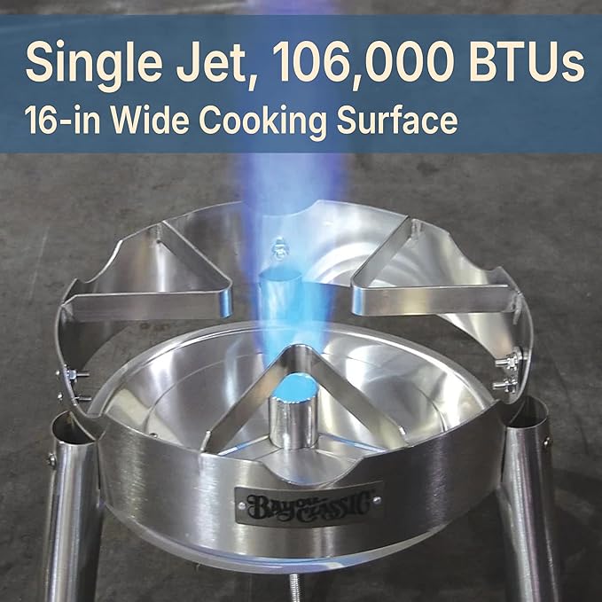 Bayou Classic KDS-182 Stainless Steel Boiler Cooker Kit Features 82-qt Stainless Boiler with Lid, Boil Basket with Helper Handle, Single Jet 106,000 BTU Burner, 10-psi Pre-Set Regulator and 60-in Hose