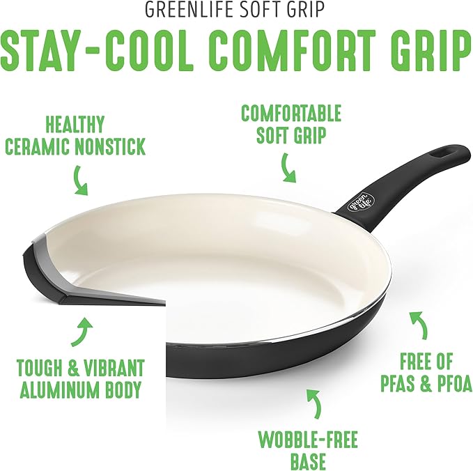 GreenLife 6QT Ceramic Nonstick Stockpot with Glass Straining Lid, PFAS-Free, Dishwasher Safe, Stay-Cool Handles, Oven Safe to 350째F, Wobble-Free Base, Even Heating, Black