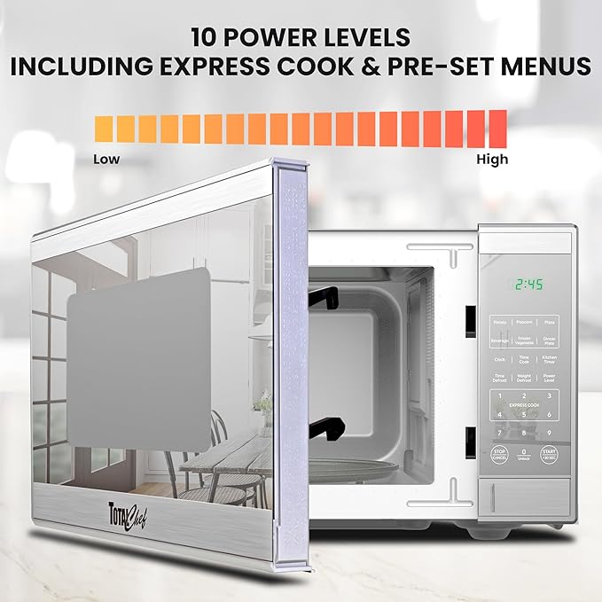 Total Chef 0.9 Cu Ft Microwave Oven ??Compact Countertop Kitchen Appliance, Small Stainless Steel Microwave with Digital Touch, Pre-Set Functions, 10.6??Turntable, 900 Watt