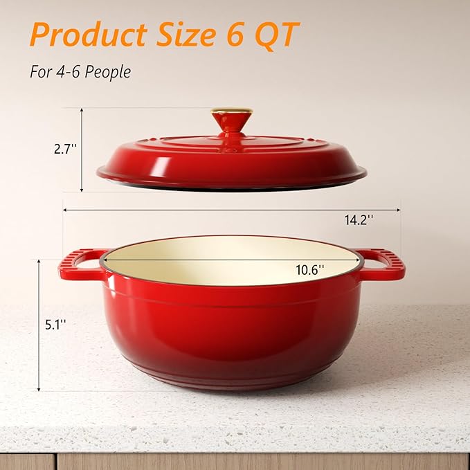 ROVSUN Enameled Cast Iron Round Dutch Oven, 6QT Pot with Lid &Dual Handles with Silicone Gloves,Oven Safe up to 500째F, Heavy-Duty Pre-Seasoned Cookware for Bread Baking, Braising, Stews, Roasting, Red
