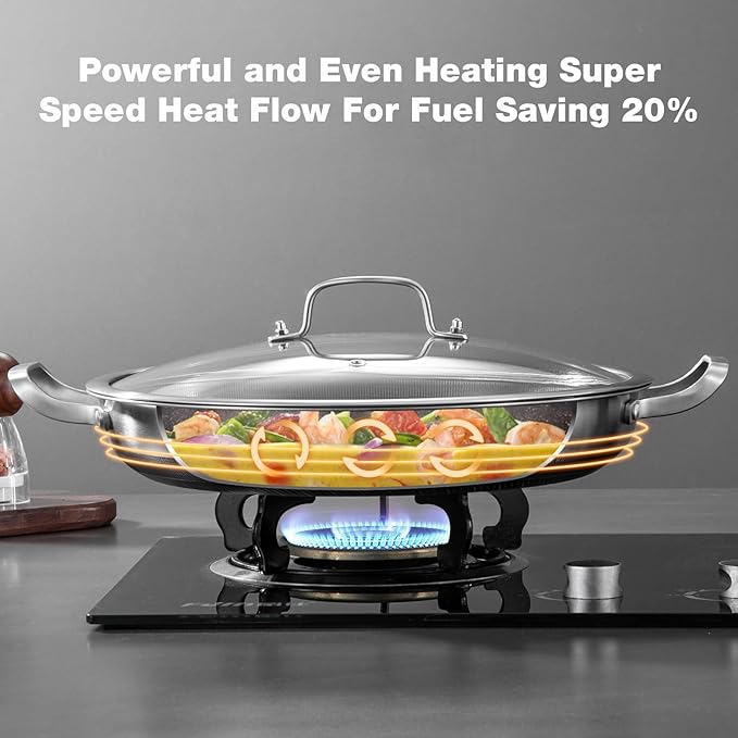 14 Inch Paella Pan with Lid, Ceramic Nonstick & Stainless Steel Induction Ready, 12-Serving Large Skillet, Oven Safe 550째F for Paella, Searing, Frying (Family Gathering & Outdoor Cooking)