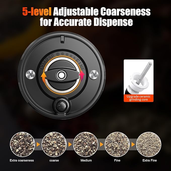 Rechargeable Pepper Grinder Mill Electric Rechargeable Usb Type-C Salt and Pepper Grinder Set Automatic Large Capacity Automatic Salt Pepper Mill Grinder with LED Light for Kitchen, 1 Pack