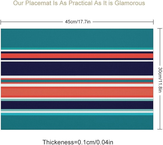 Modern Navy Teal Coral Navy Stripes Placemat, Set of 4 Heat Resistant PVC Place Mats for Kitchen Table