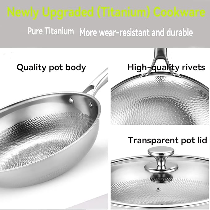 Titanium Hammered Wok Pure with Lid, No Coating Non-Stick Titanium Cookware, Frying Pans, Hammered Pan, Ultra-Durable, Scratch-Resistant, Even Heating Frying Pans, Safe for Oven,12.59in