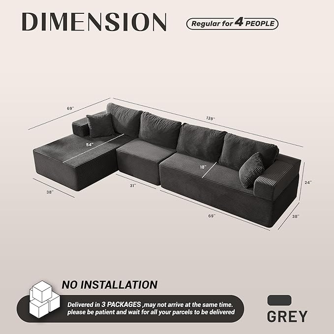 138" Boneless Couch with Deep Seat, Modular Sectional Sofa, Cloud Sectional Couch for Living Room, No Assembly Required, Corduroy, 4 Seater L-Shape Left, Grey