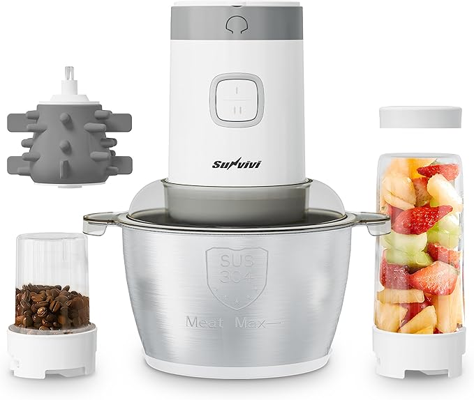 Sunvivi 4-IN-1 Food Processor: Electric Chopper for Meat Grinder, Vegetable Chopper, Juicer, Garlic Peeler & Coffee Grinder, 350W Portable Blender with 2 Speeds, Stainless Steel Bowl, 2 Cups, White